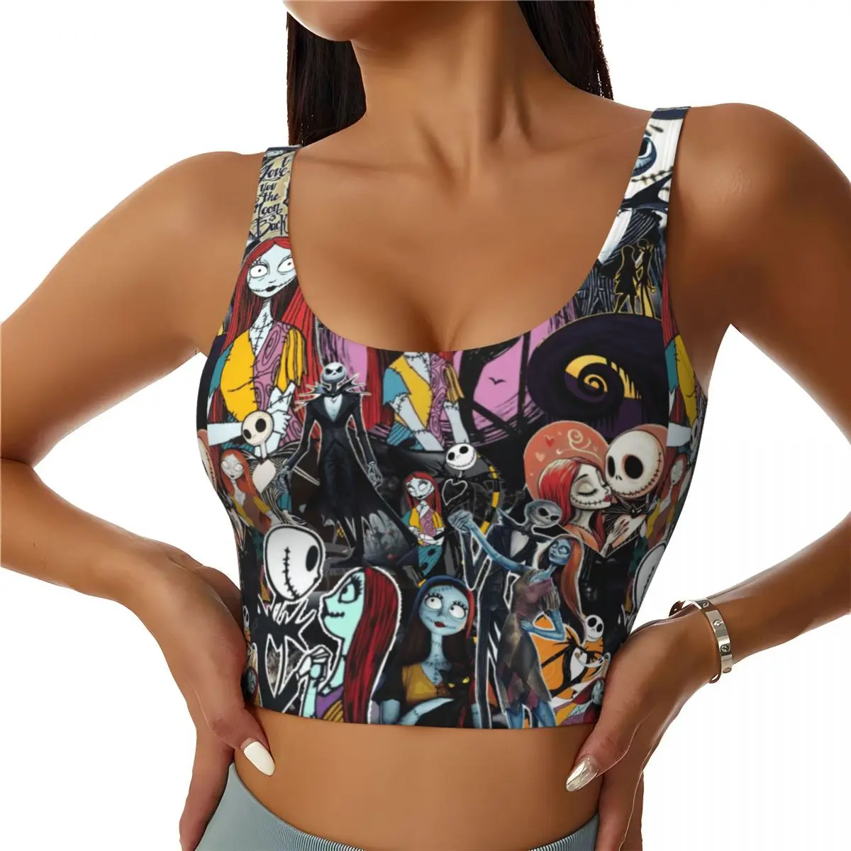 Custom Women Nightmare Before Christmas Anime Manga Sports Bras High Impact Gym Workout Yoga Crop Tank Tops