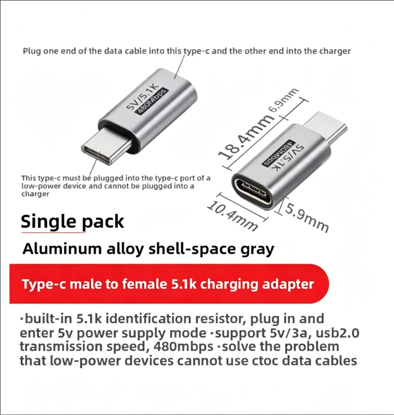 Type-C Adapter with 5.1K Resistor, 5V Power, Solves C to C Issue for Small Devices (Razor/Earphone/Fan), Aluminum, 480Mbps