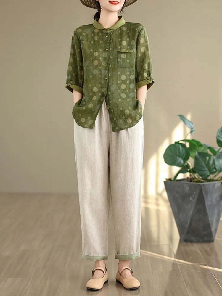 Ele Baumwolle Leinen Bedrucktes irt Damen Sommer Dünnes Faionable Mommy Sle Schlankheitsleinen irt Jugendliches Top