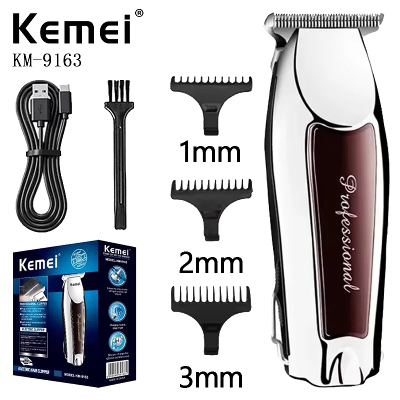 Kemei KM-9163 ماكينة قص الشعر الاحترافية للرجال قابلة لإعادة الشحن عبر USB، ماكينة حلاقة لاسلكية منخفضة الضوضاء