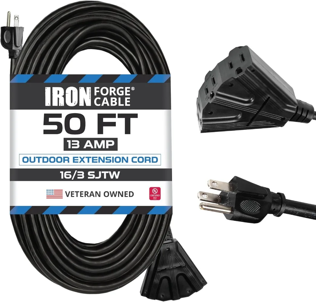 50 Ft Black Extension Cord with 3 Outlet 50 Foot 3 Prong Cable, Great for Outdoor Lights Landscaping & Lawn