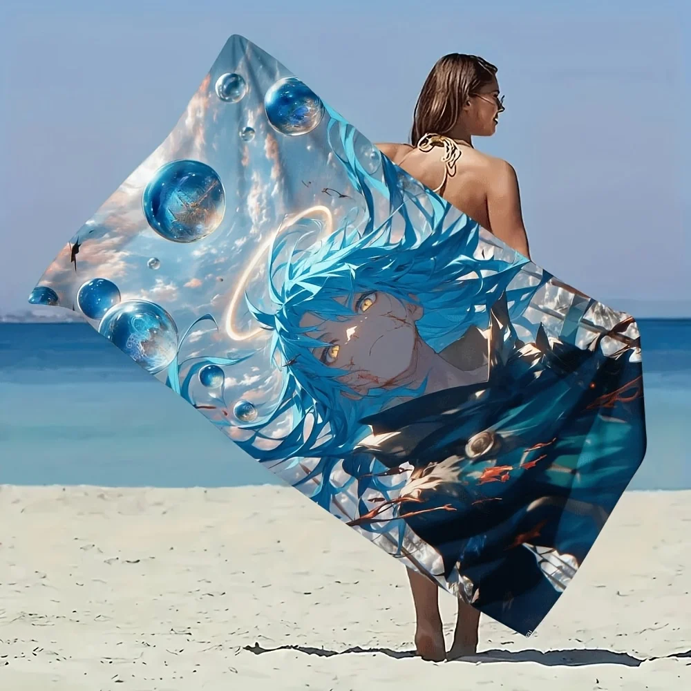 Cool Fantasy Blue Hair Angel Anime Boy Beach Towel, Quick Dry Microfiber Dream Bubble Sky Bath Towel for Men Swimming Gym