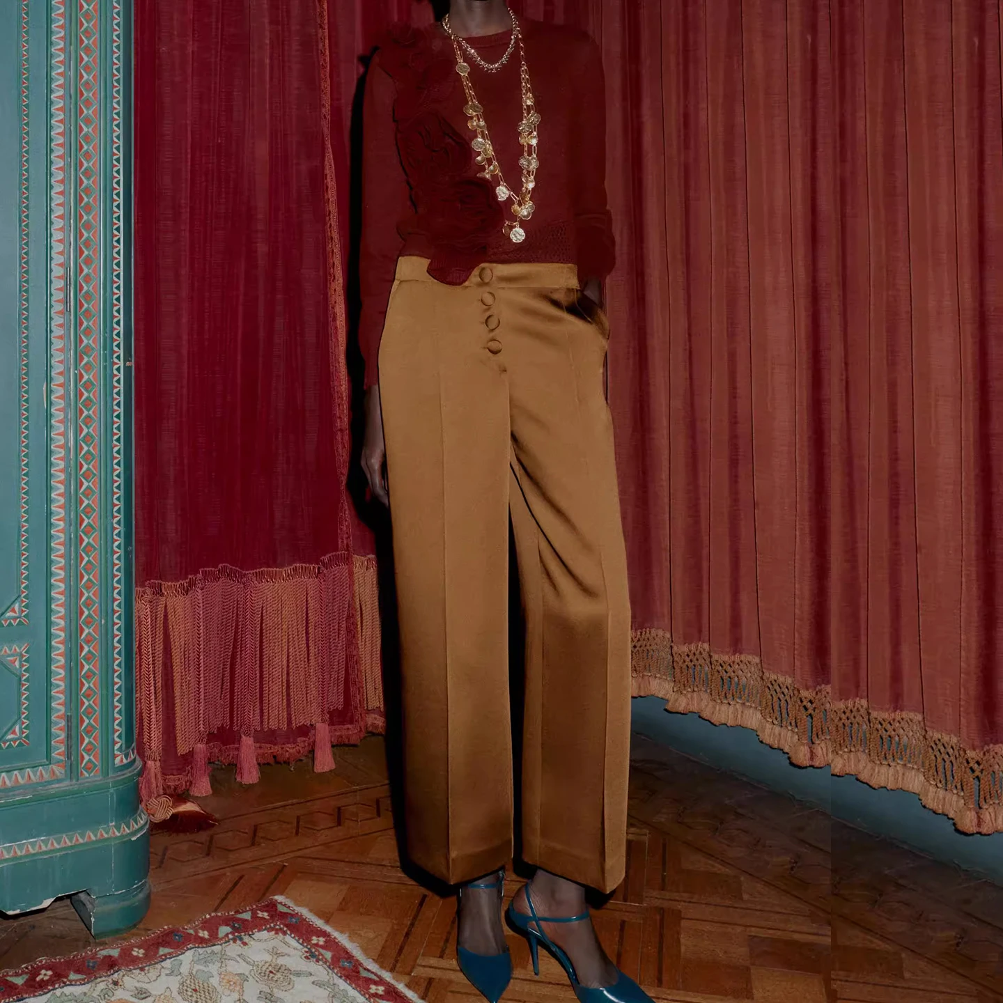 Faionable ارتفاع الخصر بنطال ذو قصة أرجل واسعة للنساء تخفيف Sle شتاء 2025 جديد وصول Ele السيدات بنطلون السراويل الطويلة