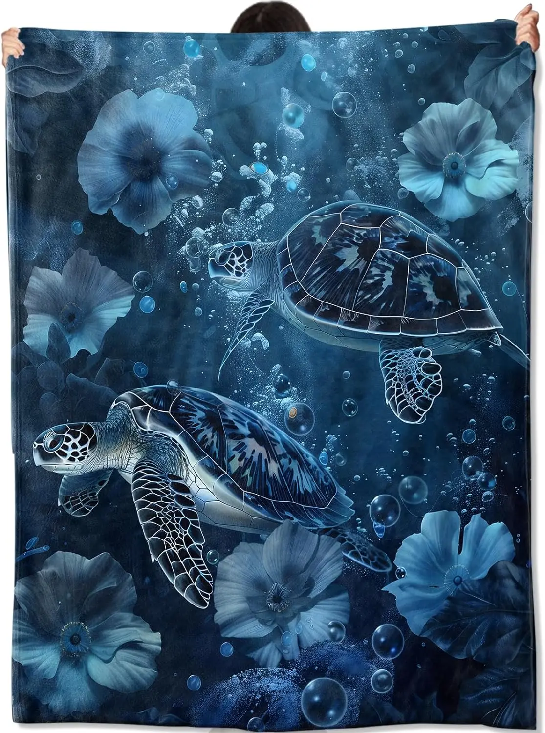 Decorative Sea Turtle Ocean Print Throw Blanket Deep Blue Marine Life Cozy Sofa Throw Home Decor Accent Gift