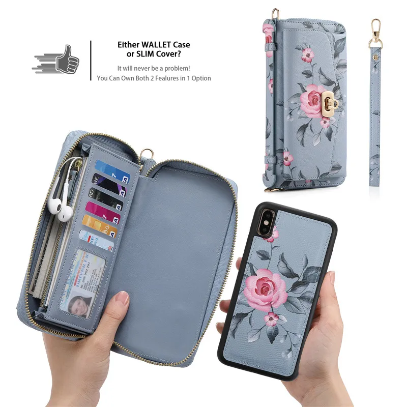 Retro Flower Multi-function Case For Iphone 7 8 Plus X Xs XR 11 Pro Max Long Lanyard Zipper Leather Magnetic Wallet Split Cover