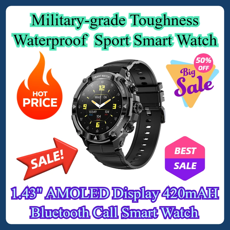 Military-grade Toughness Waterproof Sport Watch 1.43'' AMOLED Display 420mAH Bluetooth Call Smart Watch