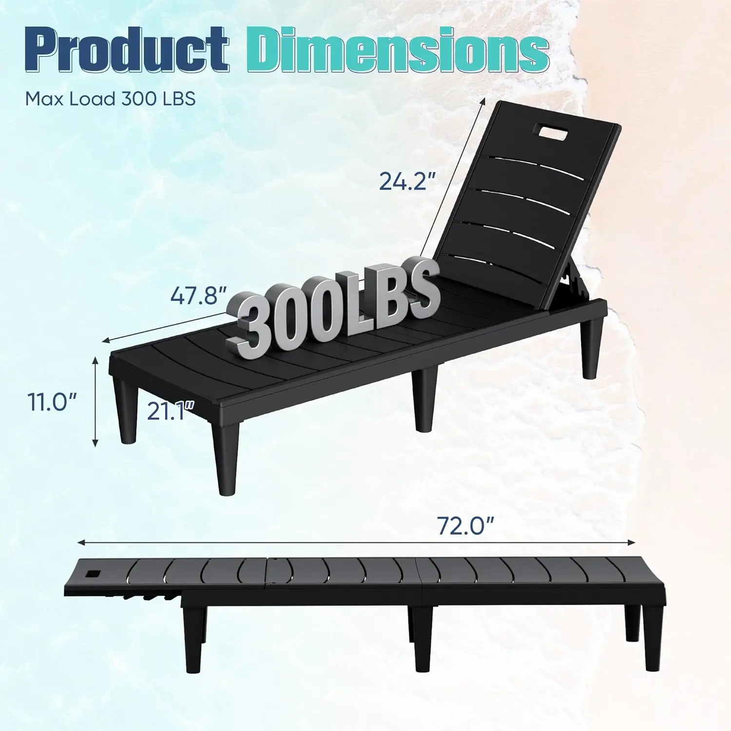 Outdoor Chaise Lounge Chair Set of 2 with 5-Position Adjustable Back, Waterproof & Lightweight for Pool Patio view 2