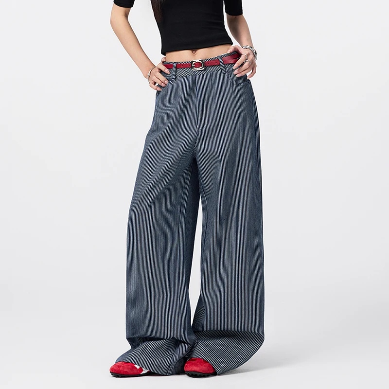 جديد 2026 F/W جينز مخطط جديد عالي الخصر للنساء بنطال جينز واسع الساق ملابس غير رسمية كلاسيكية جيب بسحاب بنطلون نسائي