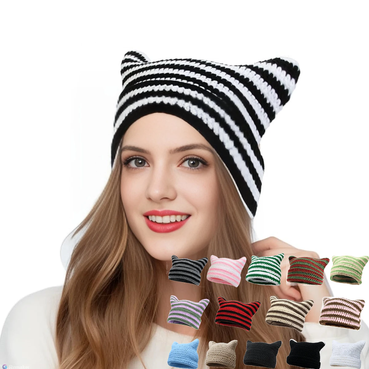 Corchet lindo gorro con orejas de gato para mujer invierno rayas moda coreana Y2K HipHop Cosplay ropa informal de punto hombres Skullies