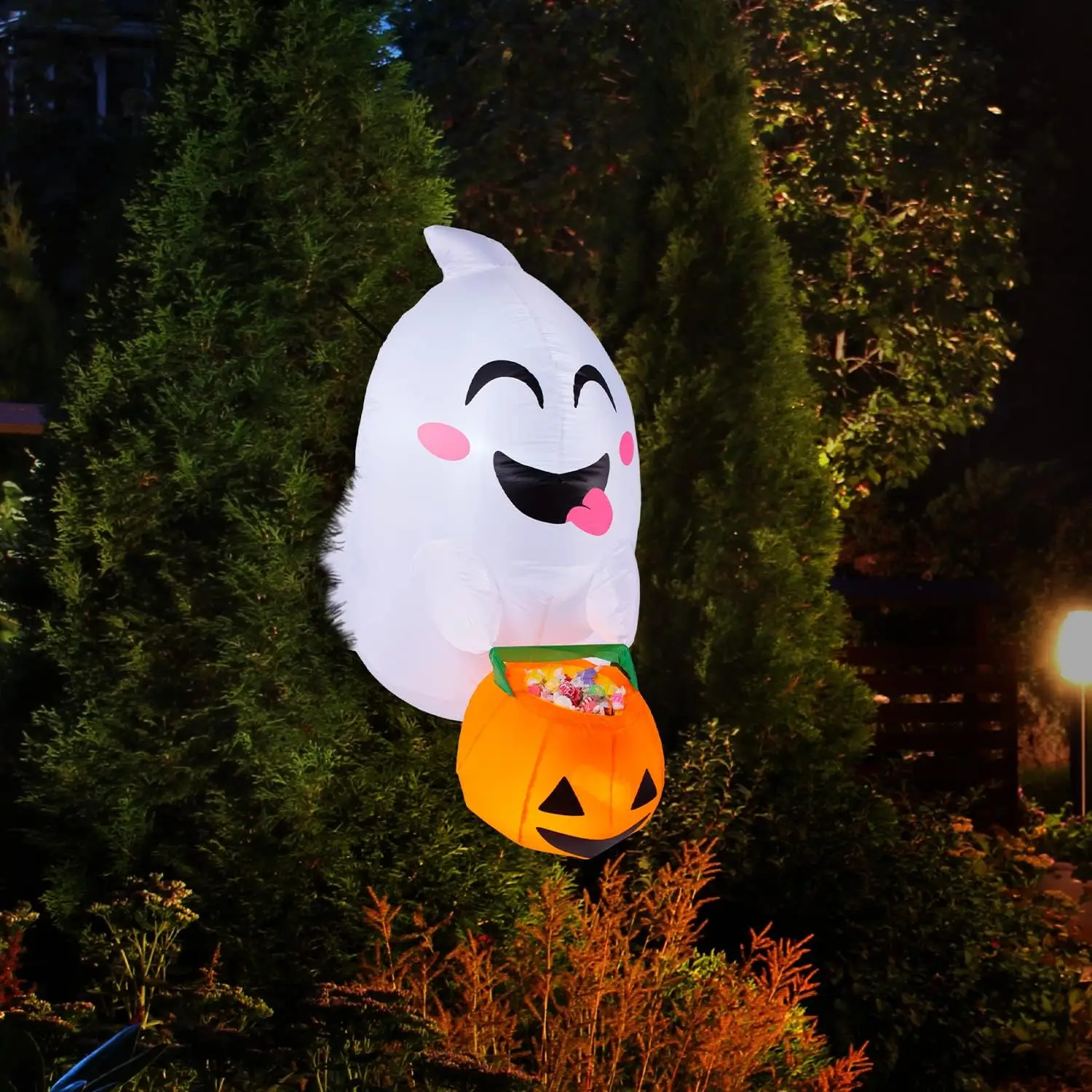 4.5 ft Tall Window Ghost  Halloween Inflatable Outdoor Decorations Blow Up Halloween Yard Decorations Inflatable Decor Blow Up Ghost with Candy Basket for Window Decor