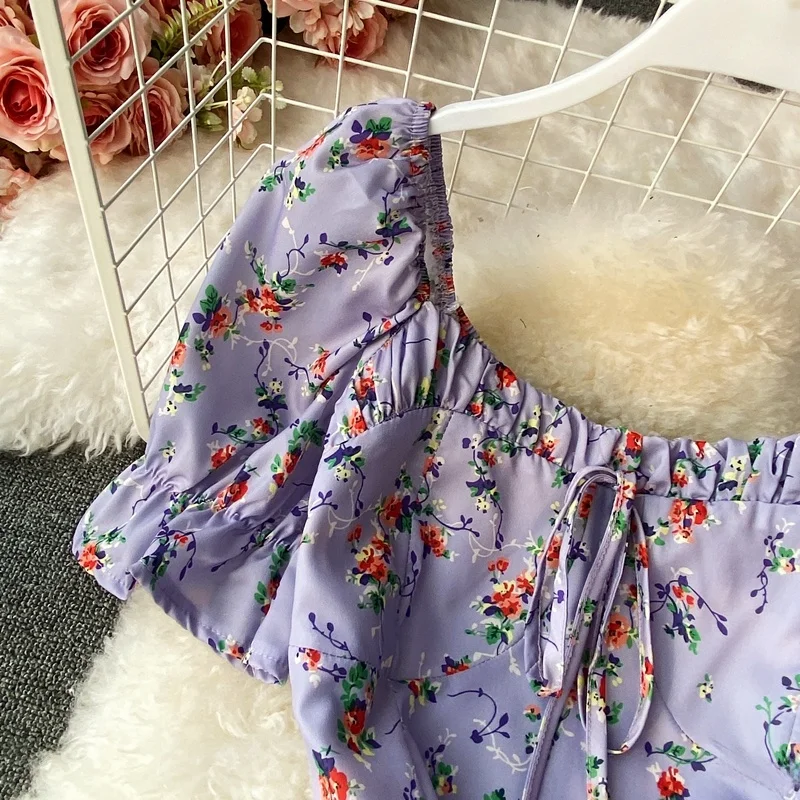 보라색 꽃 프린트 짧은 드레스 여성 여름 부드러운 빈티지 첫사랑 티 브레이크 민들레 드레스 스퀘어 칼라 a 라인 스커트