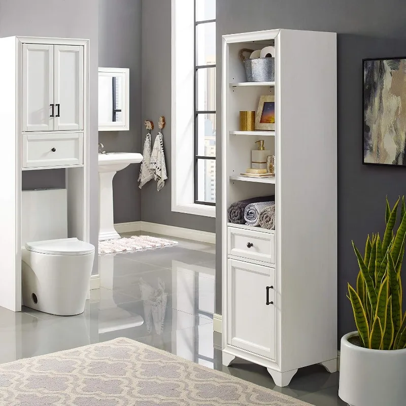 Linen Storage Cabinet and Bathroom Organizer with A Drawer and Shelves Vintage White Cottage Style Doors and Detailing