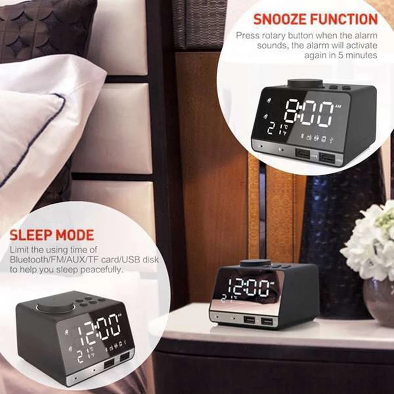 SEWS-Alarm Clock FM Bluetooth LED With 2 USB Port,Support TF Card,UK Plug