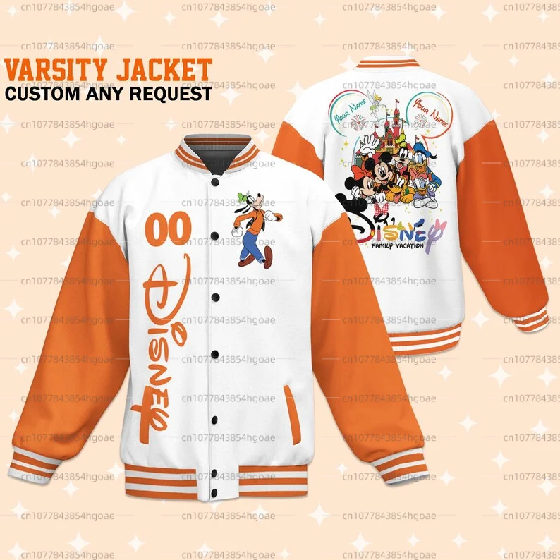 Free Customized Name Disney Minnie Baseball Jacket Disney Casual Baseball Jacket Oversize Street Men\'s and Women\'s Jacket