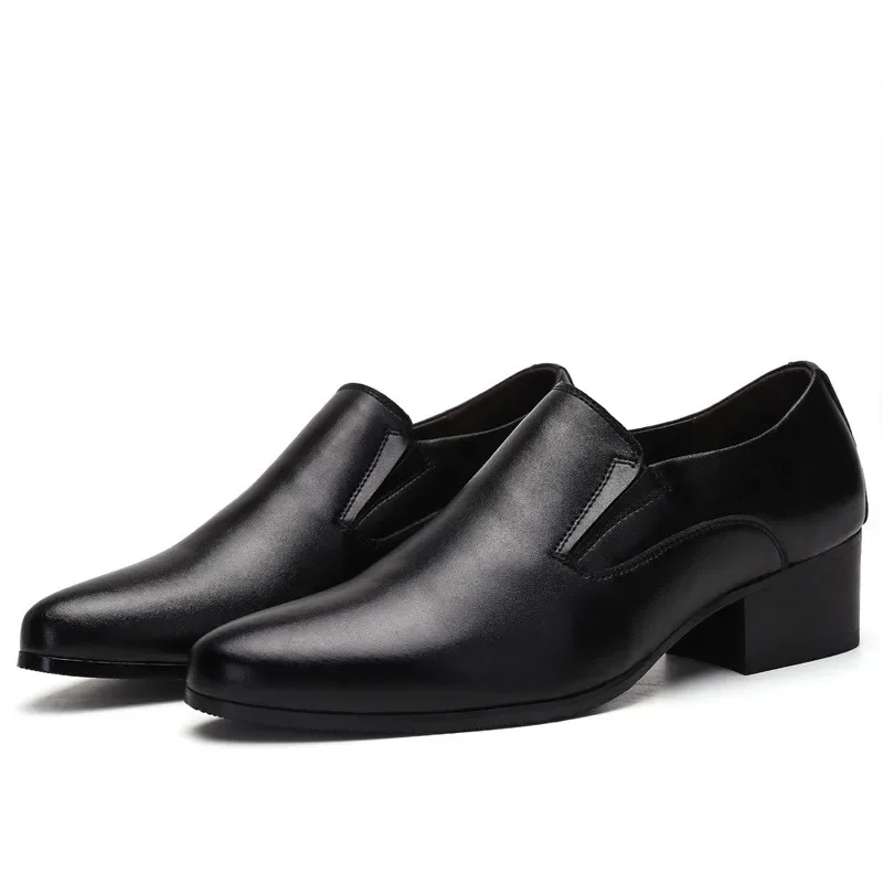 6-8 Cm Height Increasing Men Business Dress Shoes Slip On Pointed Toe Cowhide Leather Classic Men Formal Oxfords Black