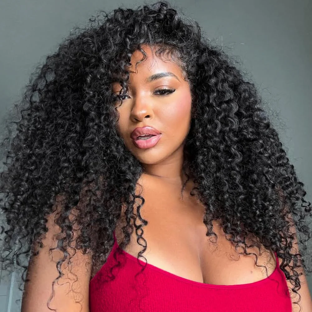 3 In 1 Half Curly Human Hair Half Wig Machine Made 200% Density Seamless Clips Adjustable Drawstring For Women