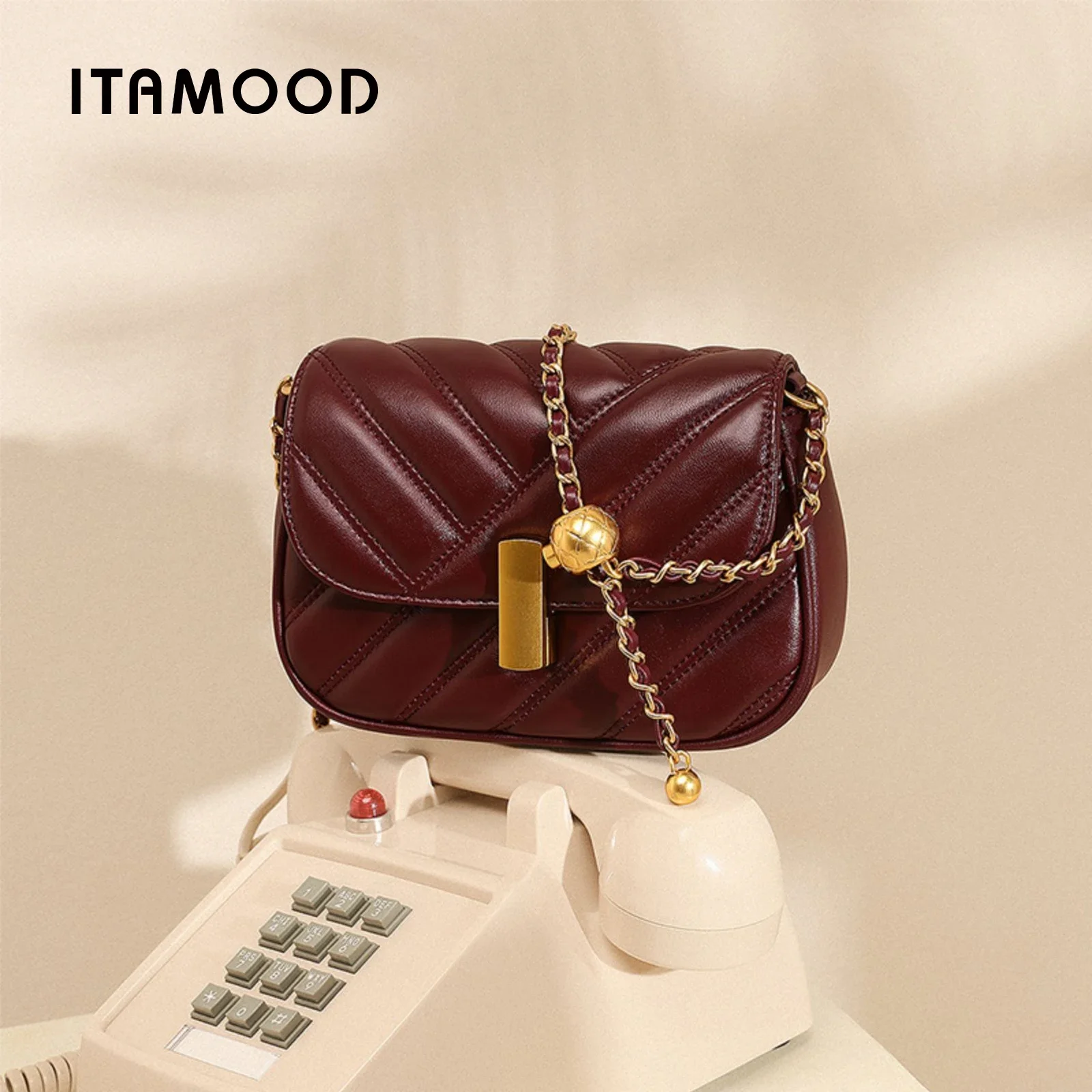 ITAMOOD Leather Quilted Shoulder Bag, Chain Shoulder Handbag, Luxury Stripe Crossbody Bag