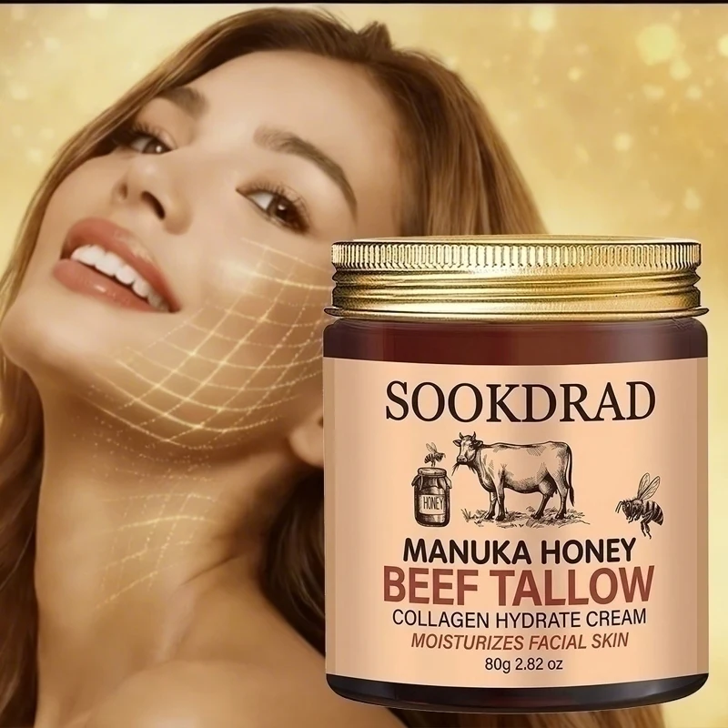 Manuka Honey Beef Tallow Collagen Cream, daily facial moisturizer, nourishes, all skin types, 80g/2.82oz, men & women