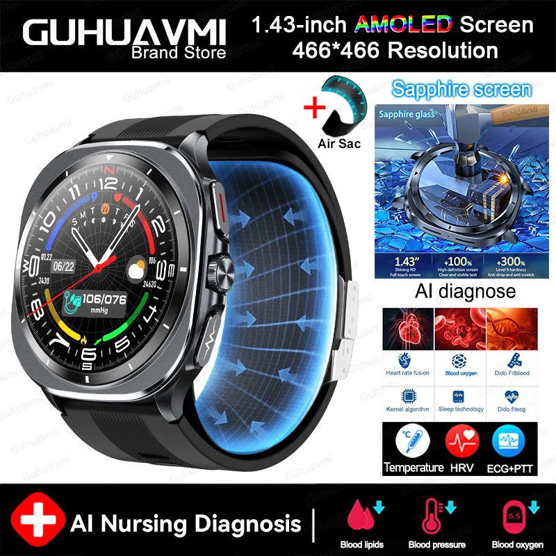 2025 New Health Nursing Accurate Measure Blood pressure Smart Watch With Air pump airbag Blood lipids Uric acid Smartwatch Men