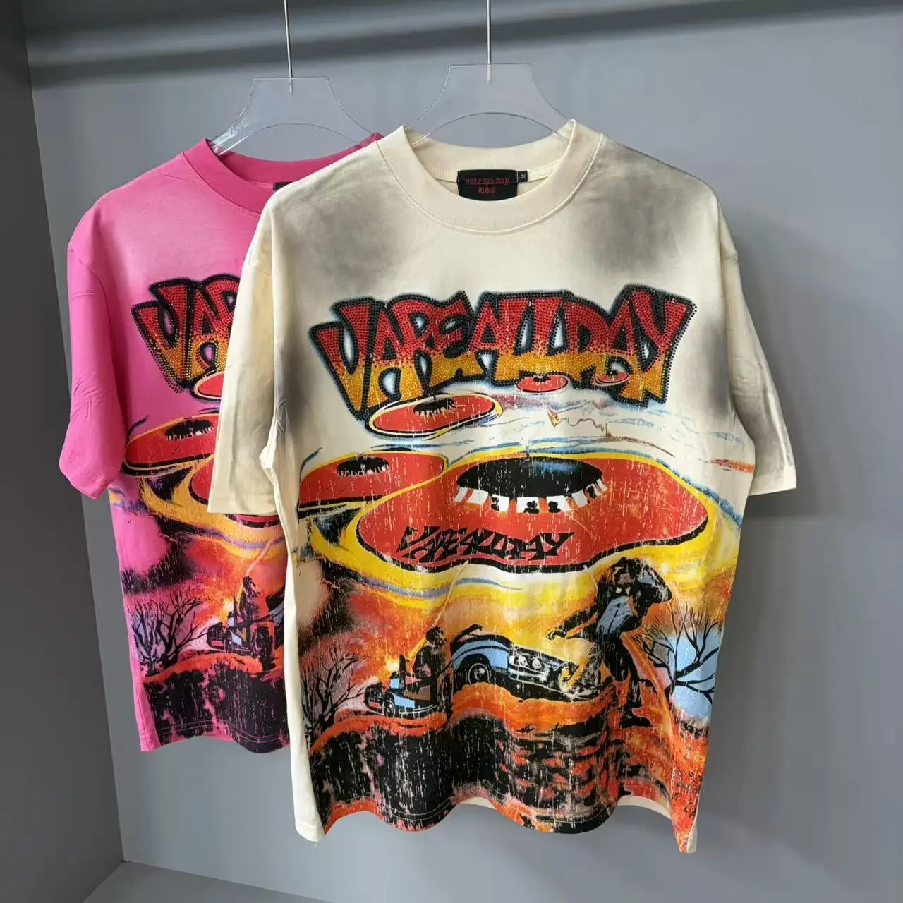 New VARE ALL DAY Streetwear Letter Rhinestone 100% Cotton Short Sleeve Tshirts for Men and Women Hip Hop Loose Tees