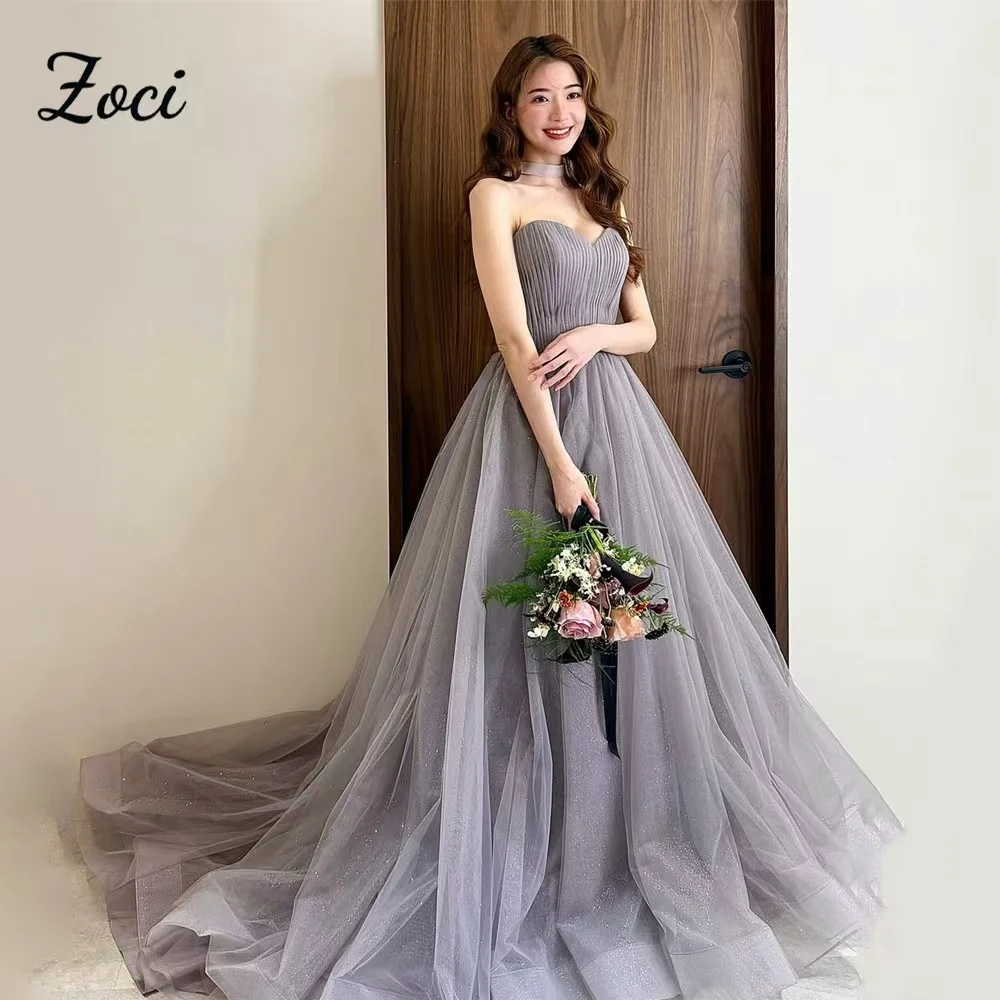 

Zoci Sweetheart Sparkly Korea Wedding Dresses Soft Tulle Strapless Corset Bridal Gowns Customized A Line Bridal Party Dress