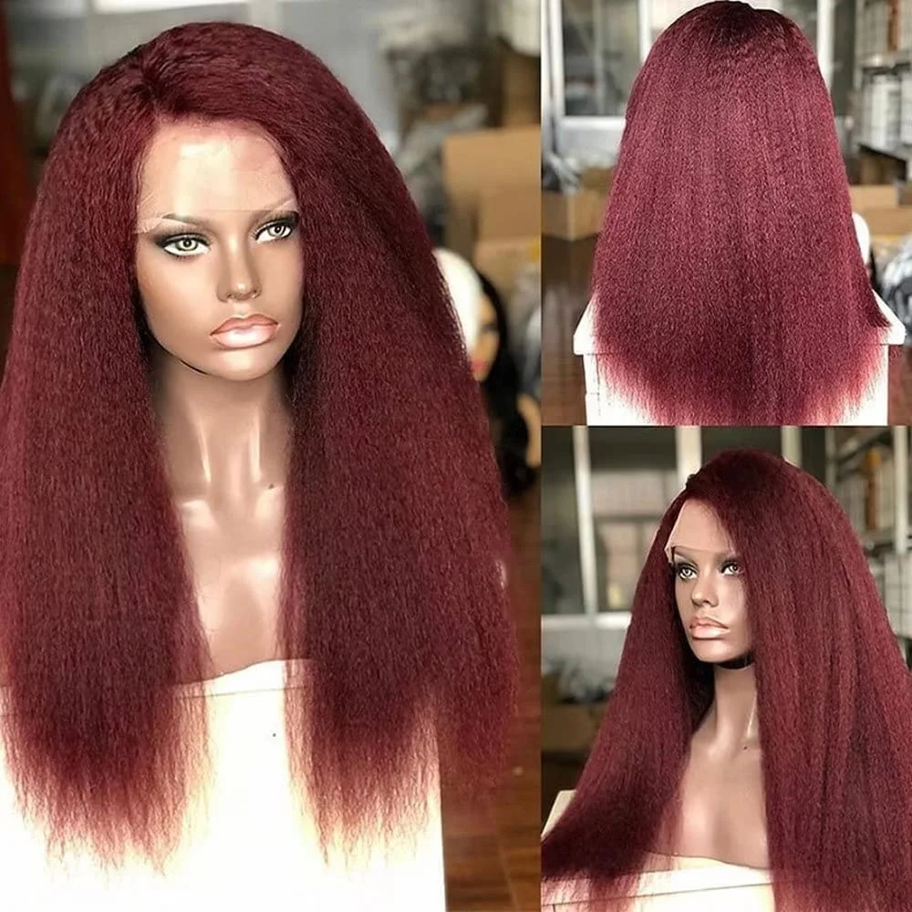 13×4 verworrene gerade Burgunderrote Lace-Front-Perücken, Echthaar, transparent, vorgezupft, weinrot, 220 Dichte, Lace-Frontal-Perücke für Frauen99