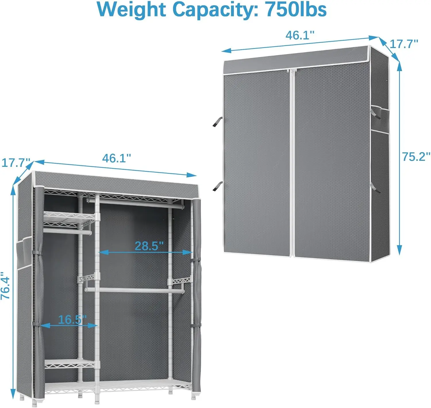 V2C Wardrobe Garment Rack, Garment Rack com Tampa de Poliéster Atualizado, Prateleiras Ajustáveis e Hang Rods, VIP, Cinza