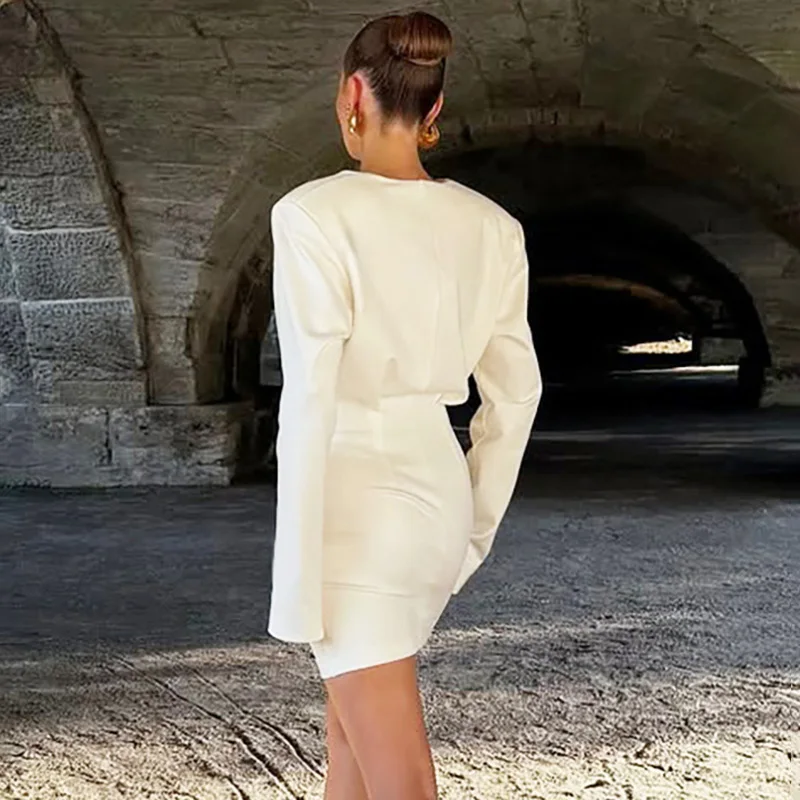 Ticketsx Elegante diepe v-hals kettingdetail lange mouw jurk dames effen ruches slanke mini-jurk herfst high street kleding