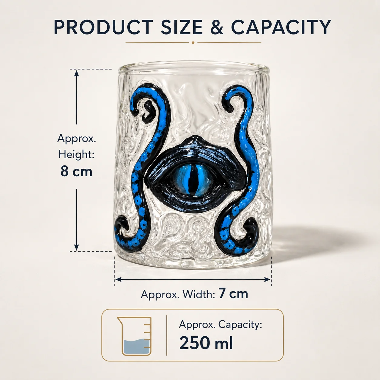 Creative Eye Whiskey Glass 250ml Embossed Thick Glass Tumbler Hand Painted Blue Detail Cocktail Bourbon Cup Bar Drinkware Gift