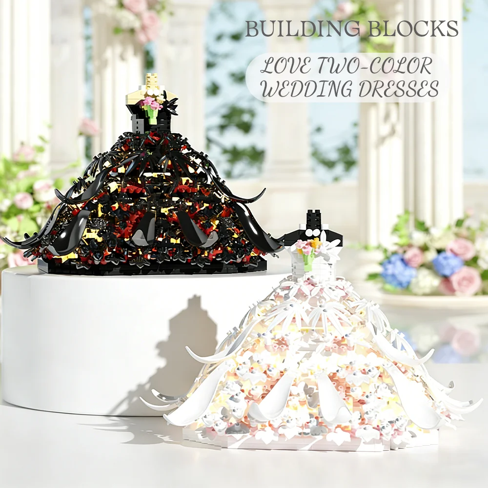 DIY Hochzeitskleid Bausteine Set Brautkleid Modellbausatz Liebe Zweifarbiges dekoratives Gebäudespielzeug Geschenk für Mädchen
