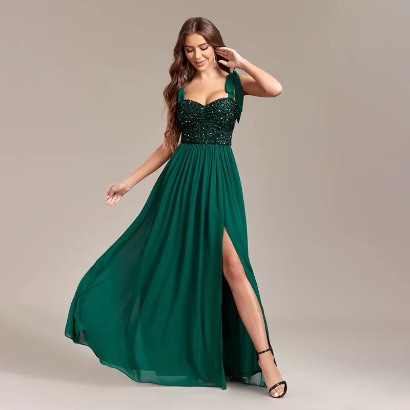 

2025 New Women's Sequin Splicing Chiffon High Slit Party Birthday Evening Dress Fashion Suspender Backless Dance Party A Dress