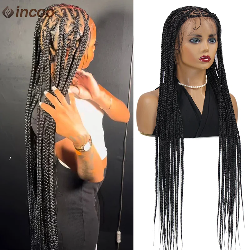 

Incoo 36 Inches Synthetic Cornrow Braided Wigs New Heart Part Braid Lace Wig For Black Women Onsale Knotless Box Braid Plait Wig