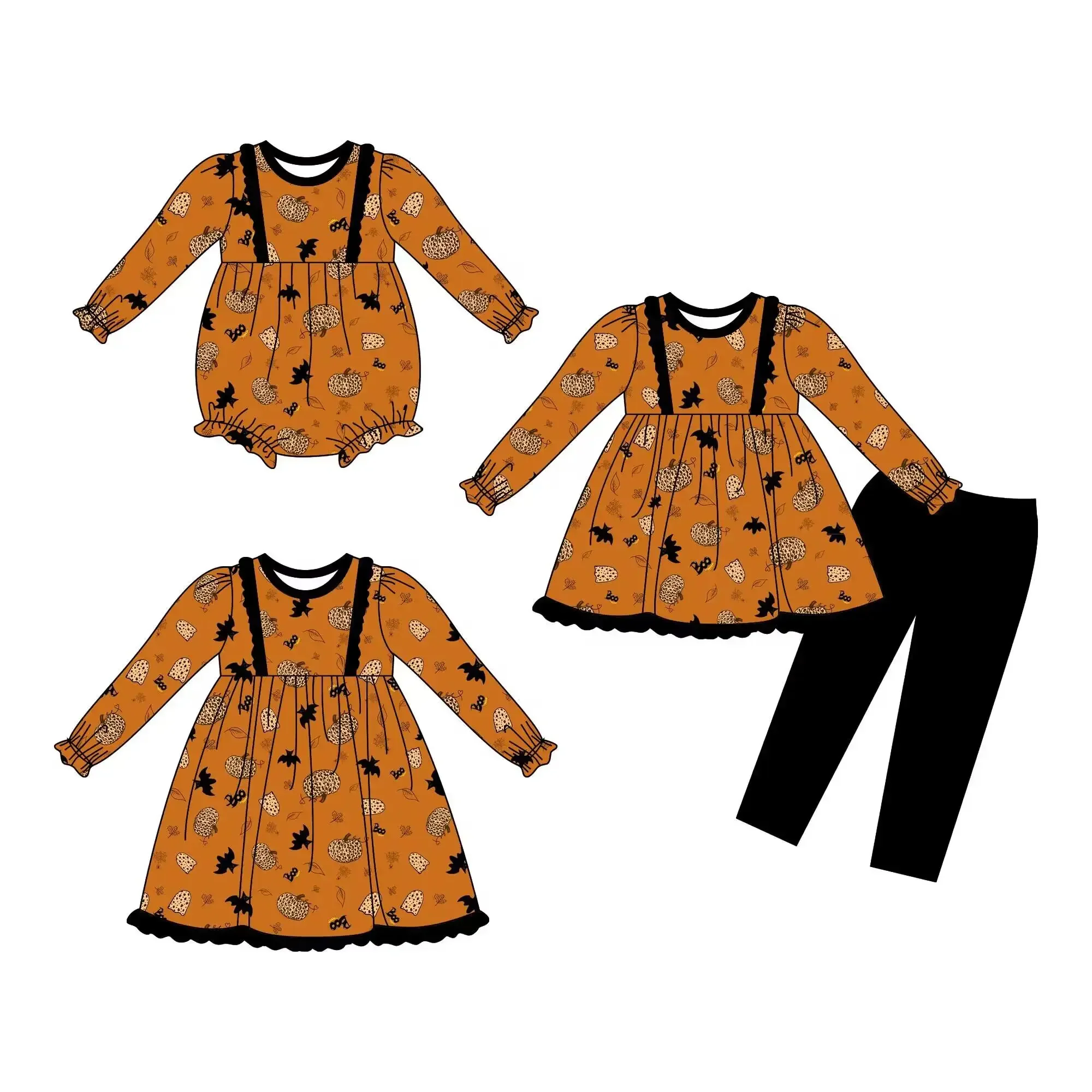 

Halloween Girl Series Long Sleeve Elastic Lace Bow Bat Pumpkin Print Pants Children's Set Baby Onesie Dress Milk Silk