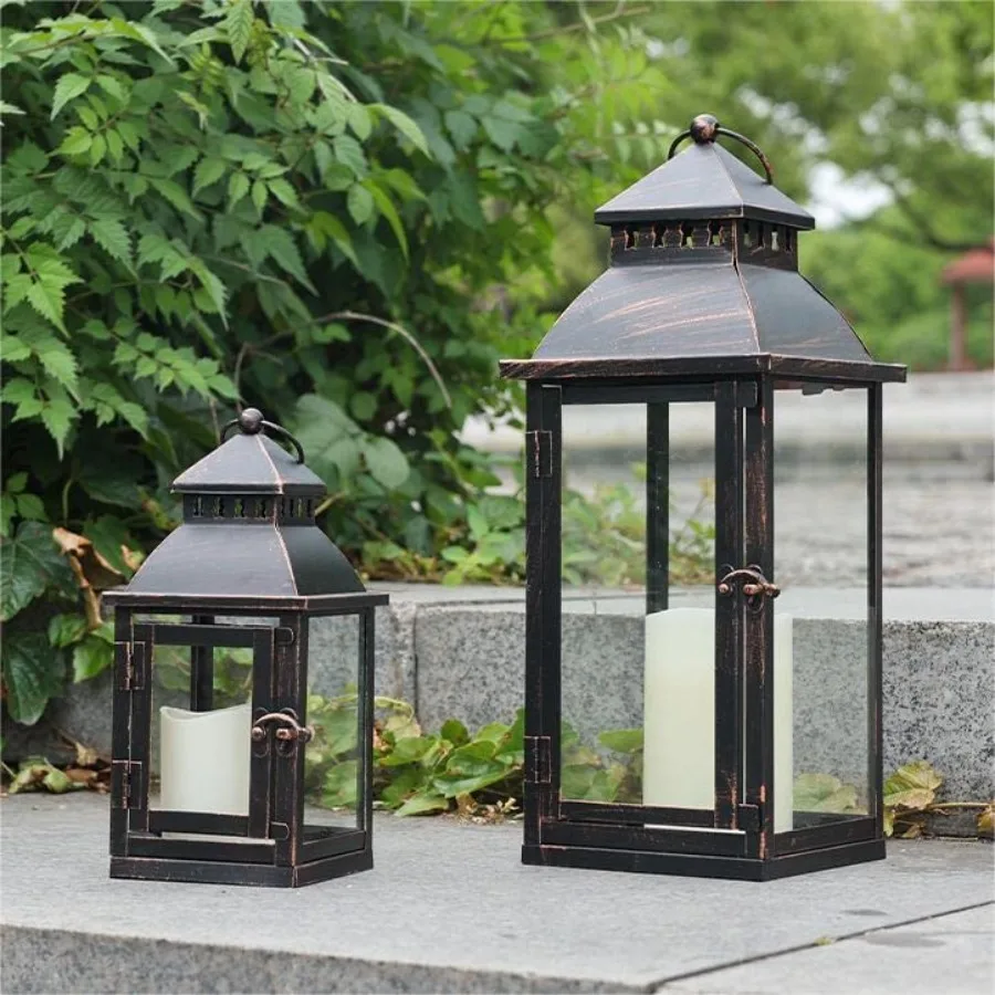 Lanterns Decorative OutdoorandIndoor, Set of 2 Large Bronze Metal Lantern Decor with Glass, Candle Holder for Porch, Patio, Gar