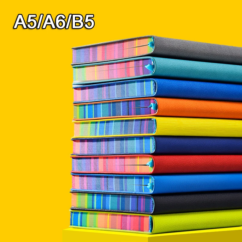 A6/A5/B5 Leather Notebook With Colored Edges Lined Papers Diary Notepad Memo Planner Portable Stylish Office Notebooks