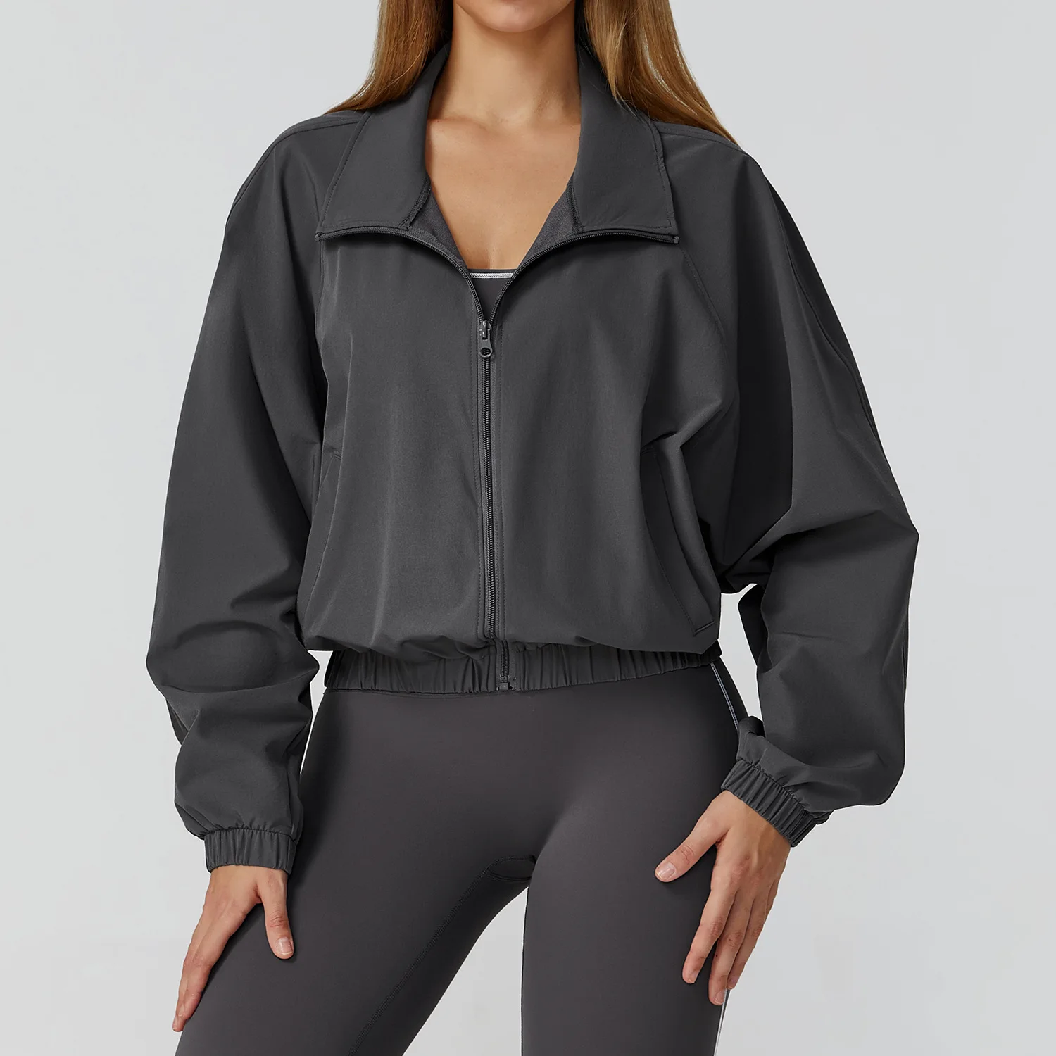 Women Sport Jacket Long Sleeve Quick Drying Stand Up Collar Zipper Top Windproof Outdoor Running Yoga Jacket