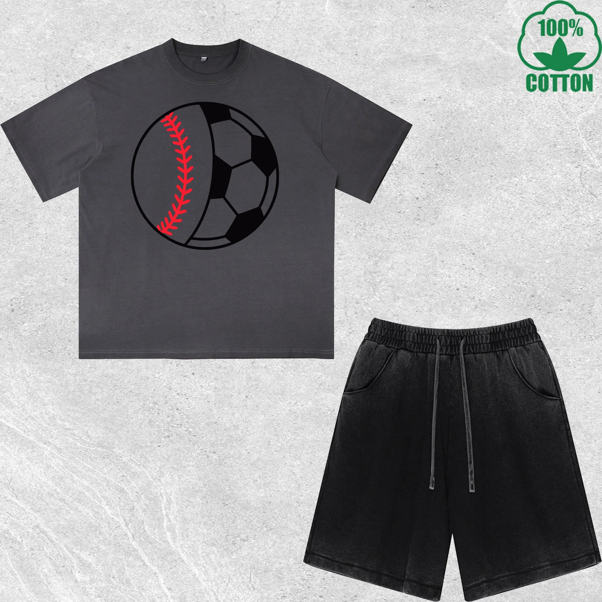 

Soccer Baseball Printed Dirty Wash T-Shirt Shorts Set Multicolor Combo Loose Trendy Fashionable 100%Cotton Short Value Pack