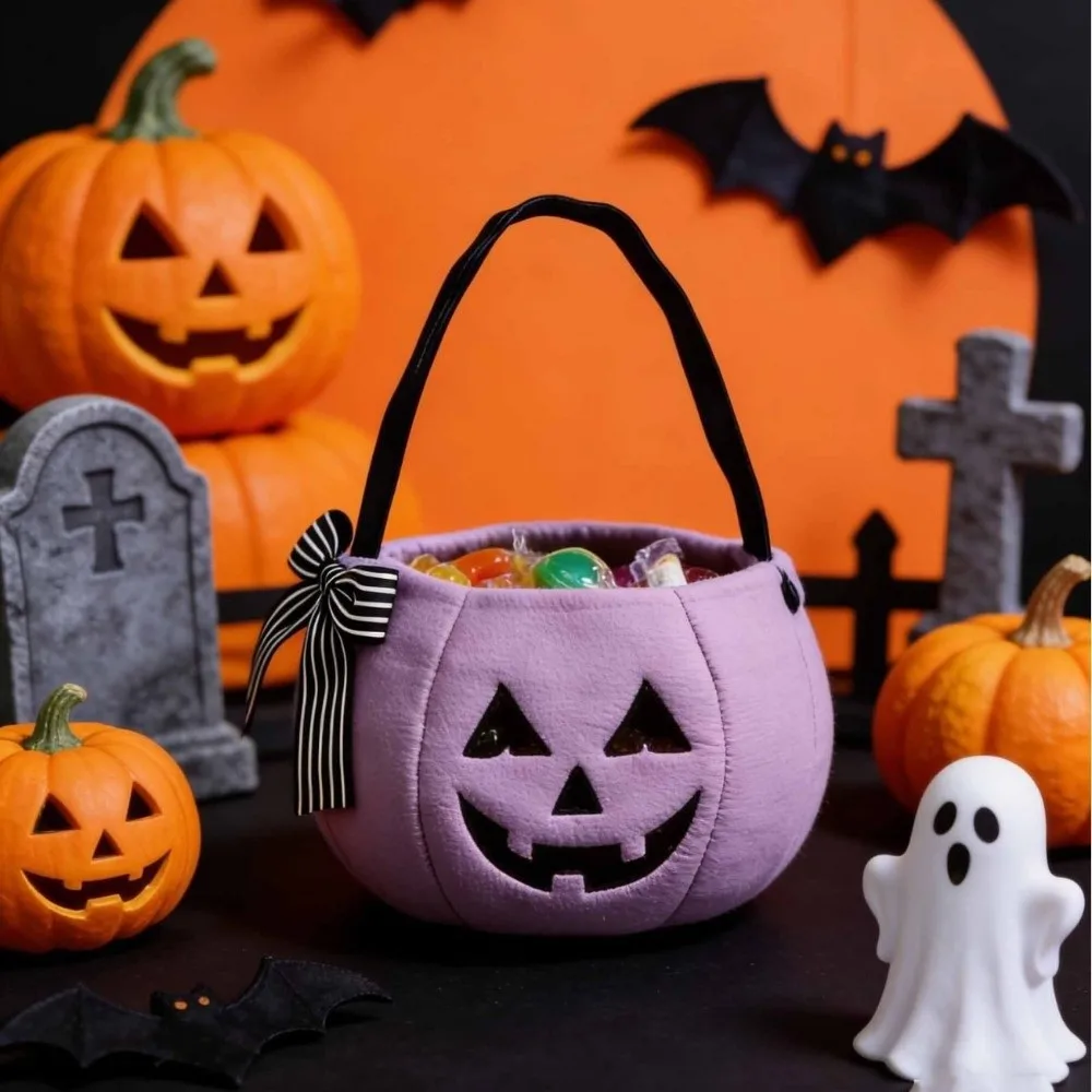 Festive Handheld Pumpkin Bucket Flexible Trick or Treat Bucket Portable Open Top Ghost Bag Dessert Making