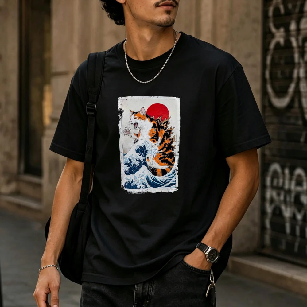 Vintage The Great Wave Off Kanagawa Tiger Striped Cat Retro Japanese Ukiyo-e Art Print Men Cotton T Shirt Distressed Frame Tops