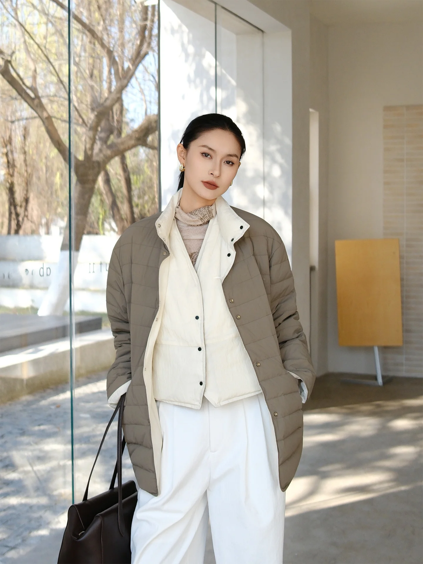 

Зимняя женская куртка Jieji Zhang из гусиного пуха, свободного кроя, двусторонняя, с воротником-стойкой, универсальная, из нейлоновой ткани, теплая