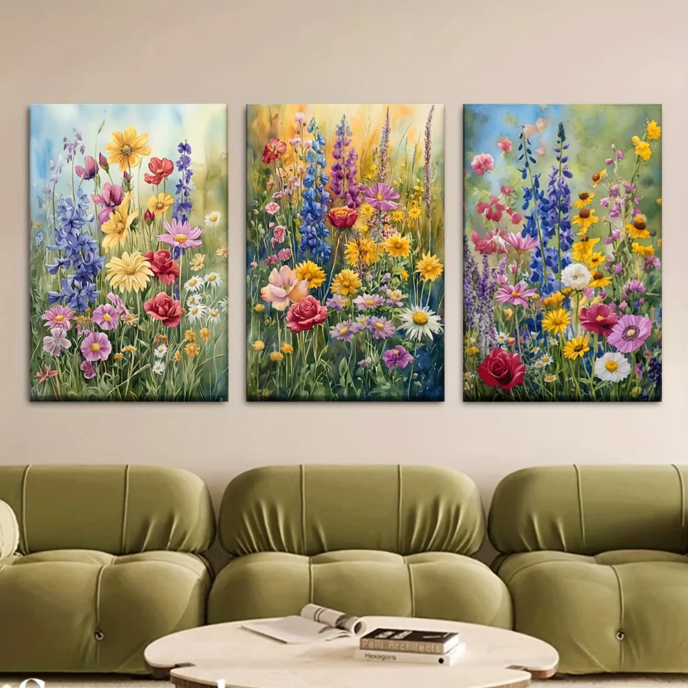3pcs/set, Canvas Painting--Unframed, Fields Full of Colorful Wildflowers, Posters and Prints, Living Room, Library, Office, C