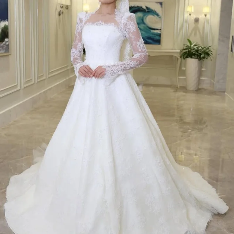 Shiny White Wedding Dresses off-shoulder The corset long sleeves Lace decal Bridal Gowns A-line multi-layer Made ﻿Customize