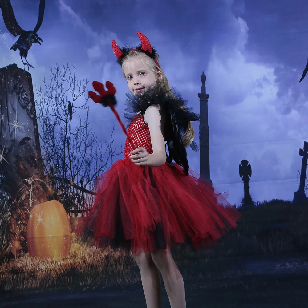 Red Black Devil Costume Tutu Dress Girls Halloween Costume Children Villain Cosplay Carnival Purim Fancy Dress Up Clothing