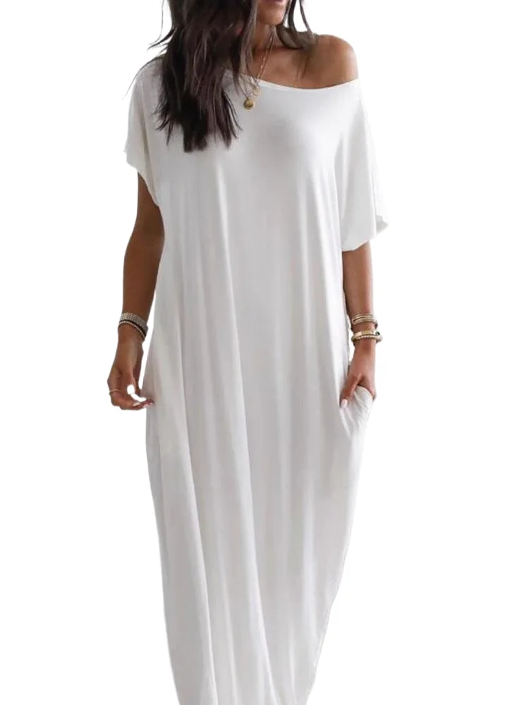 

Casual Loose Solid Dress For Women Fashion Short Sleeve Off Shoulder Dresses Robe Femme Summer Holiday Womens Clothing New 2025