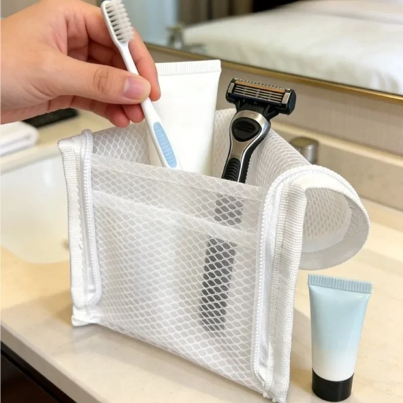 4-teiliges tragbares Netz-Kulturset, wasserdicht, faltbar, für Reisen, Zahnbürsten- und Kosmetik-Organizer, Aufbewahrungstasche für Damen im Badezimmer – Detail 7