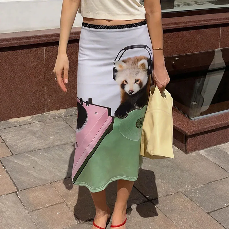 European American Vintage Fashion Panda Print Casual Personality Lace Stitching Straight Long Skirt Summer Aesthetic Hip Skirt