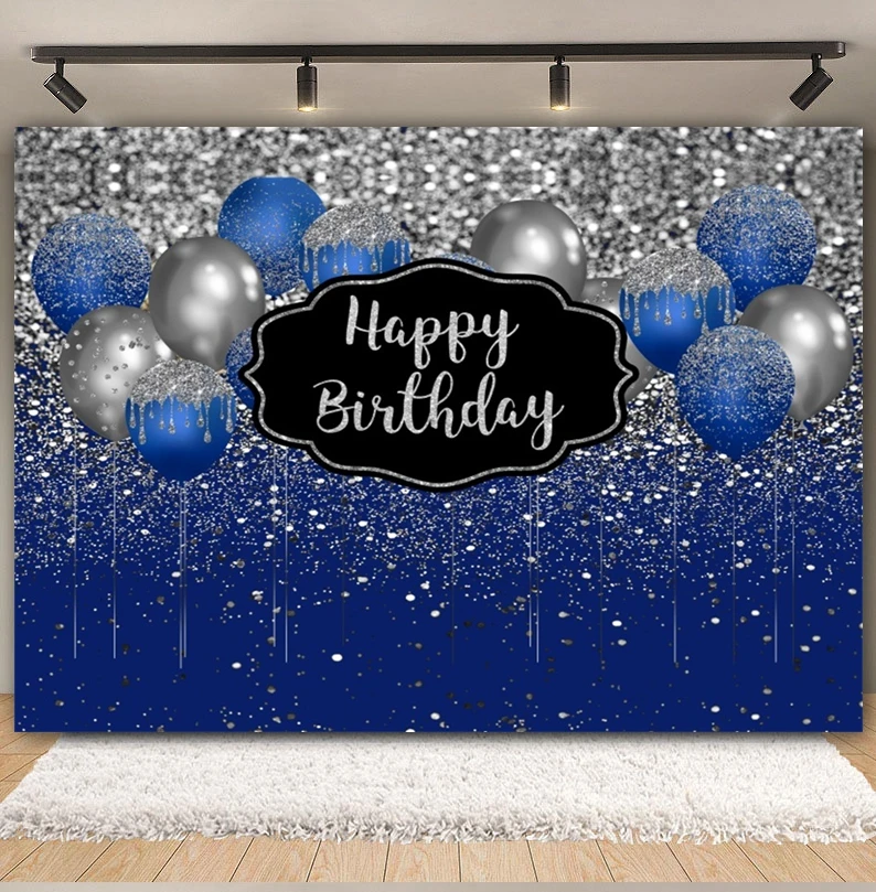 Blue Glitter Balloon Birthday Backdrop Sliver and Golden Flash Women Men Girls Birthday Party Cake Smash Photography Background