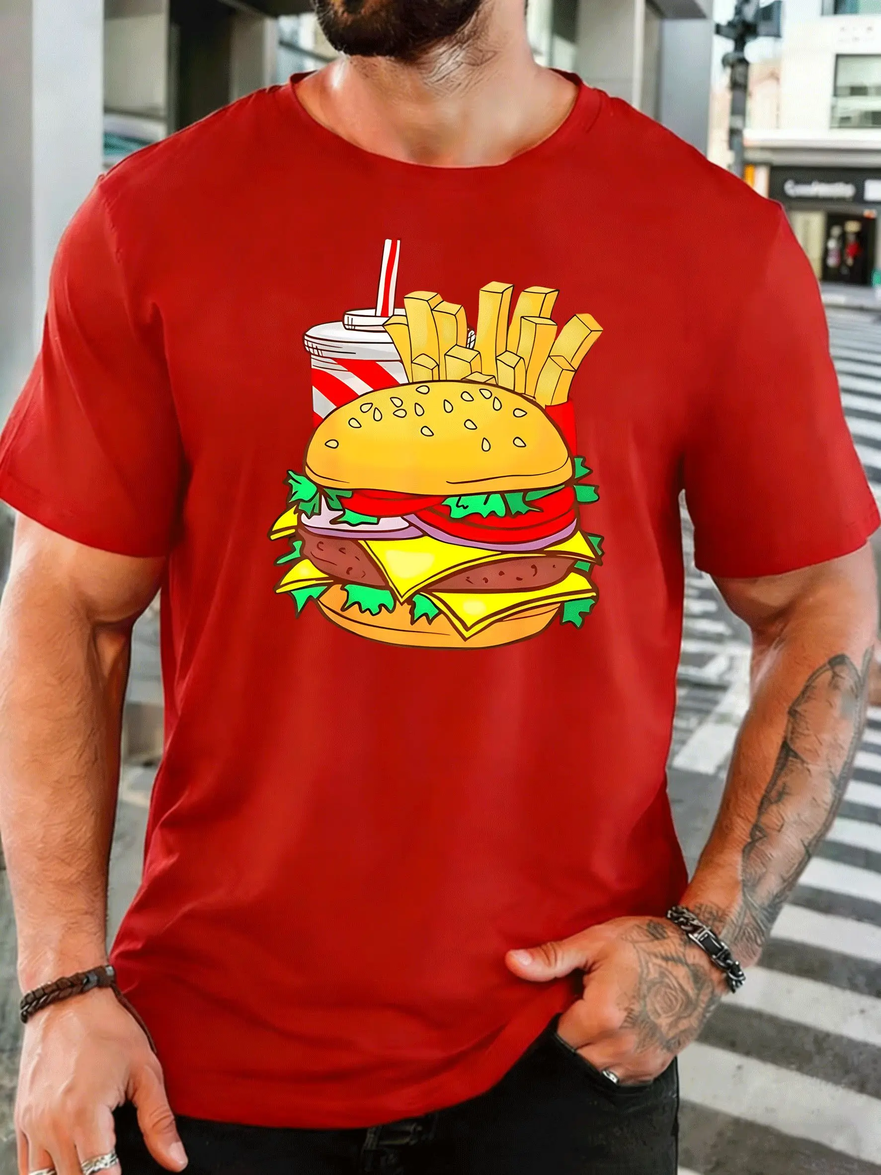 Men Short Sleeve T Shirt Burger Fries Soda Graphic Tee Fast Food Print Tops Summer Soft Cotton Casual Street Wear For Adult Male