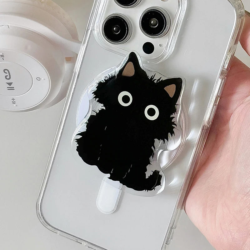 Korean Cute Black Cat For Magsafe Magnetic Phone Griptok Grip Tok Stand For iPhone Foldable Wireless Charging Case Holder Ring