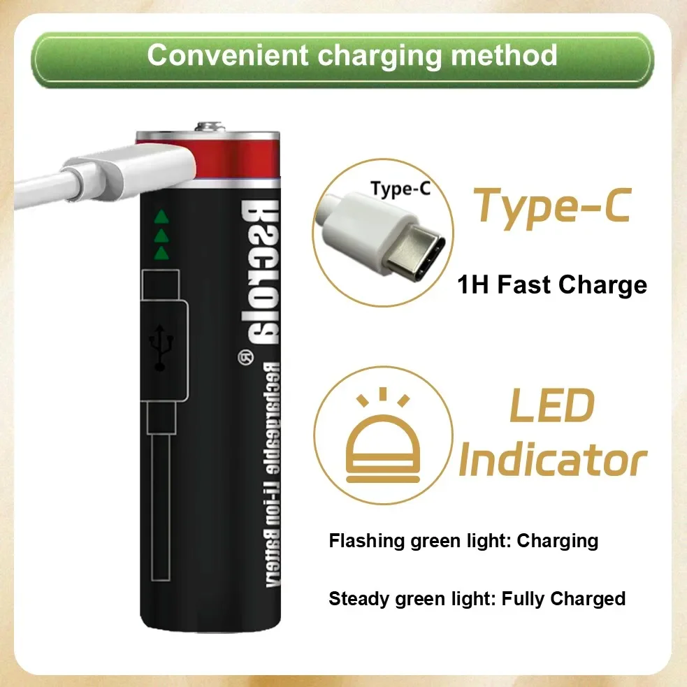 1.5V AA 리튬 배터리 충전식 12000mAh USB-C 고속 충전, 스마트 잠금장치, 게임 컨트롤러, 키보드용 일정 전압